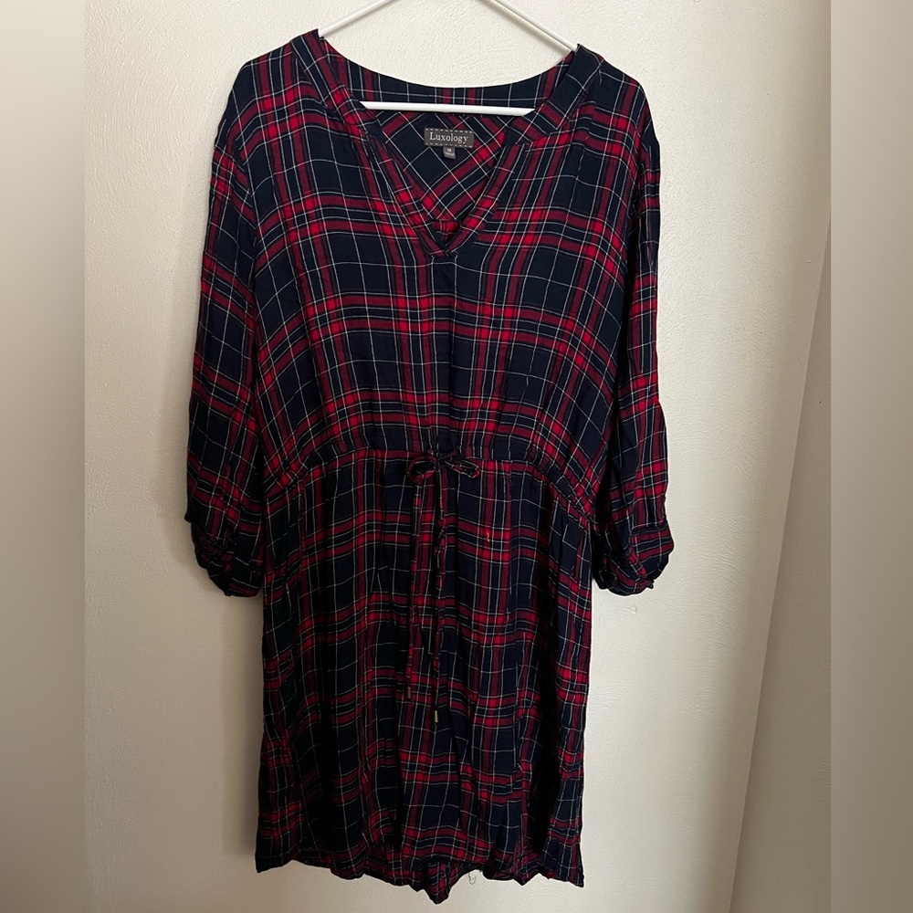 LUXOLOGY Classic Tie Waist Plaid Casual Long Sleeve Dress Blue Red Women's Sz 16